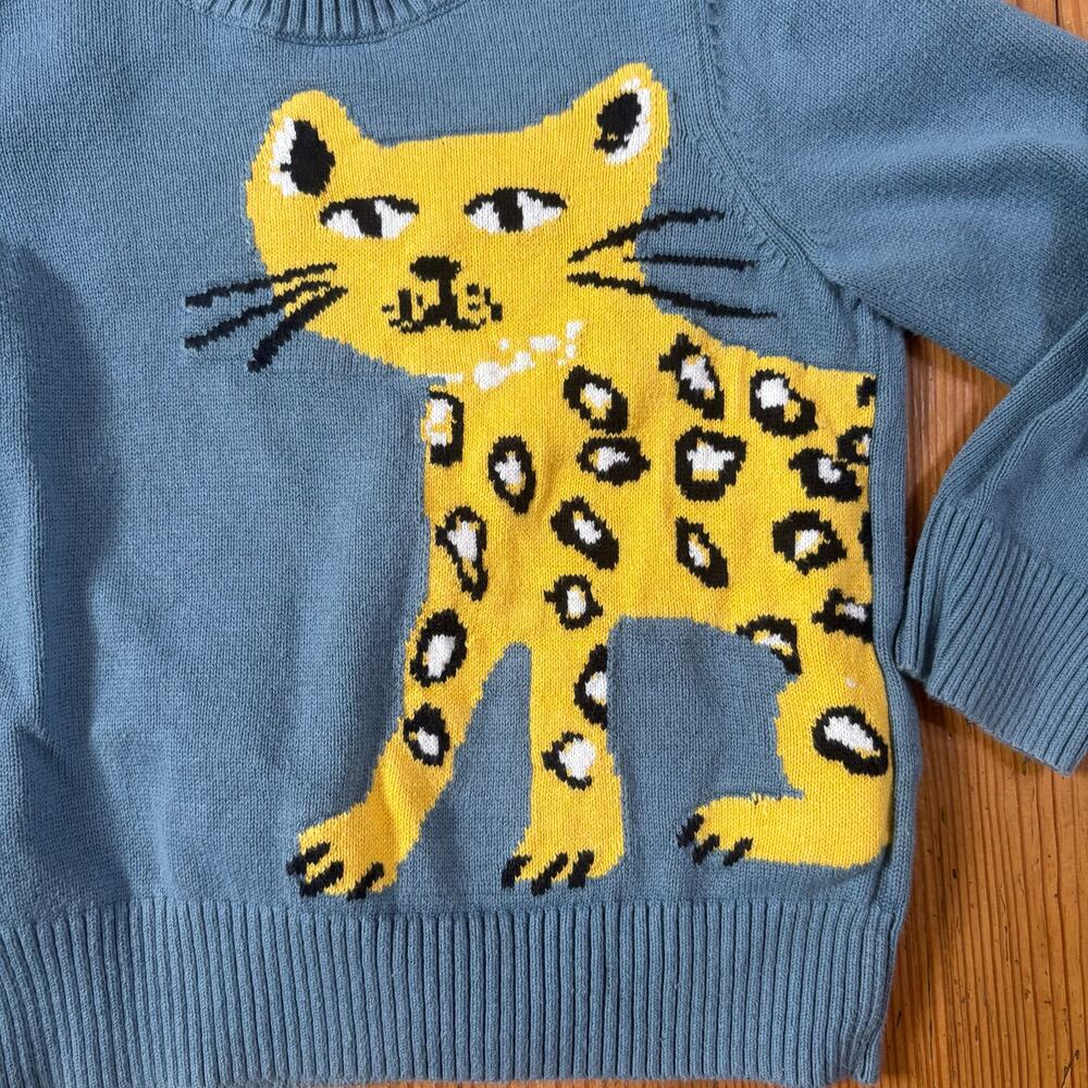 Amazon Essentials blue yellow jaguar graphic knit toddler crew sweater SIZE 4-5 - Picture 2 of 5